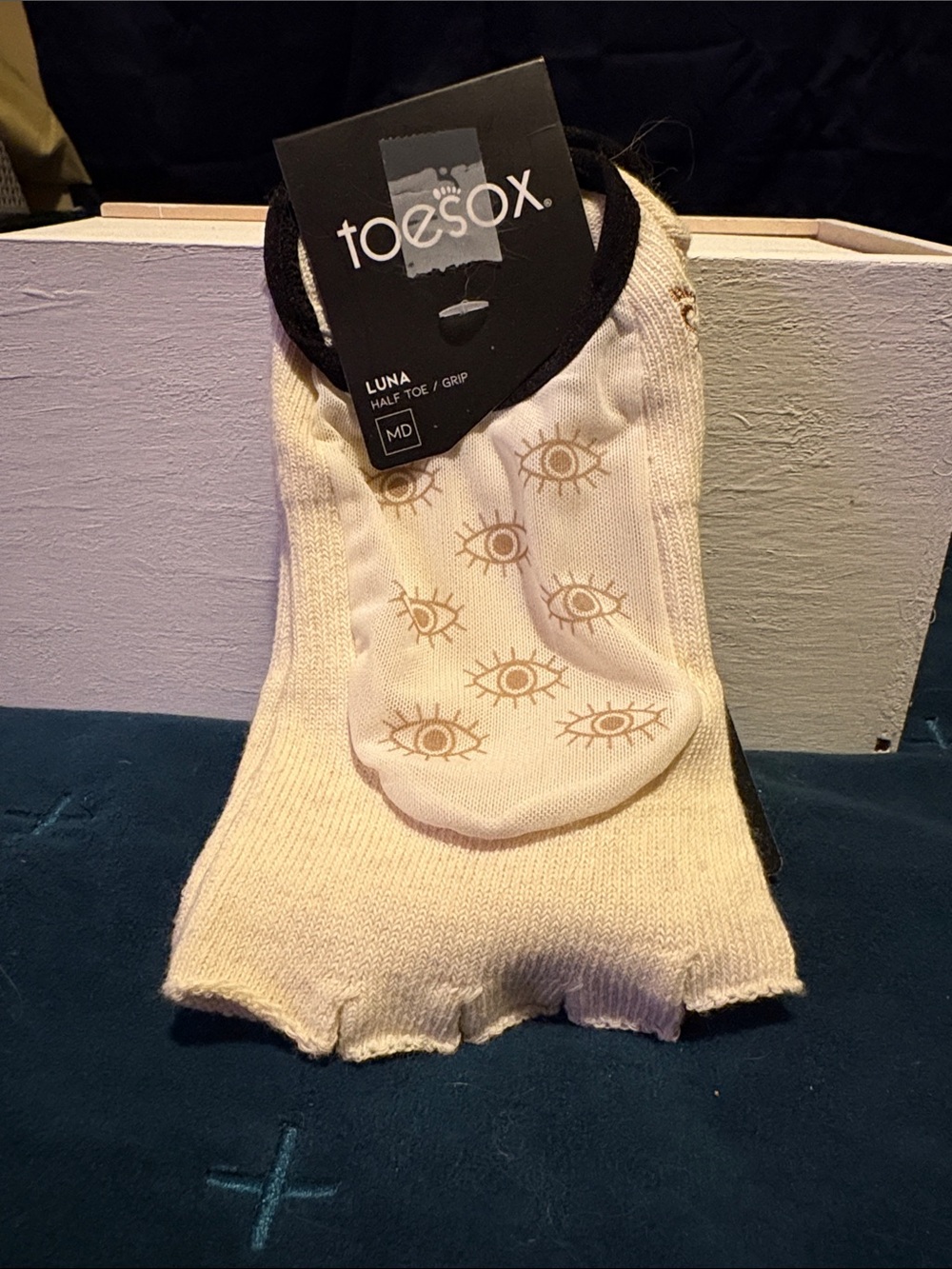 toesox - Cream Half-Toe Grip Socks with Gold Eye Print